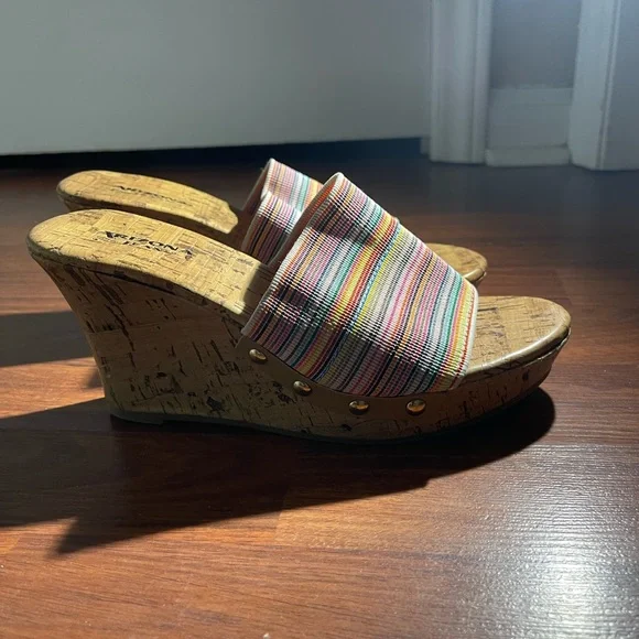 Arizona Jean Co. Multicolor Elastic Striped Cork Wedge Slide Sandals - Women - Picture 8 of 13